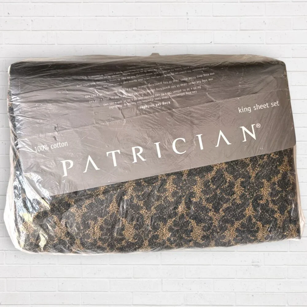 Vintage Patrician King Sheet Set 100% Cotton Navy Gold Jacquard Pattern NWT